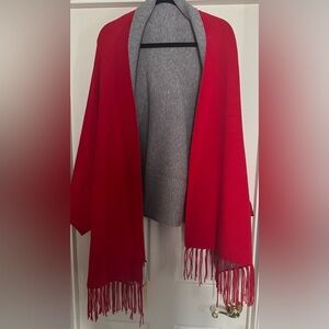 Elegant Red and Gray Women's Poncho Sweater with sleeves.